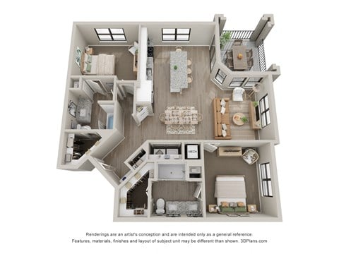 Floor plan for 2 beds, 2 baths, 1238 sqft